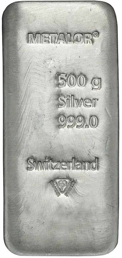 500g Metalor Silver Cast Bar Obverse