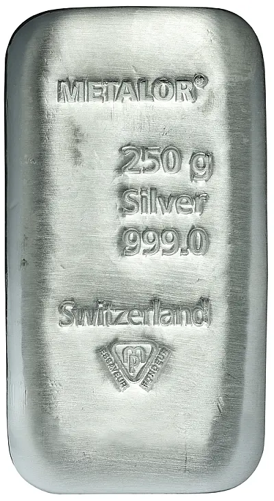 250g Metalor Silver Cast Bar Obverse