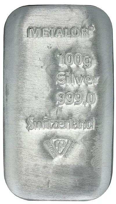 100g Metalor Silver Cast Bar Obverse