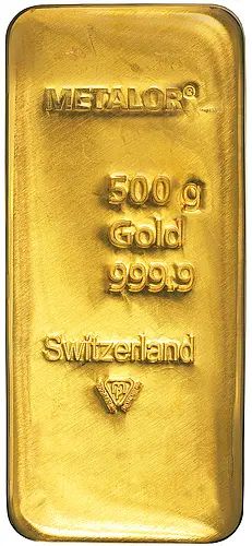 500g Metalor Gold Cast Bar Obverse