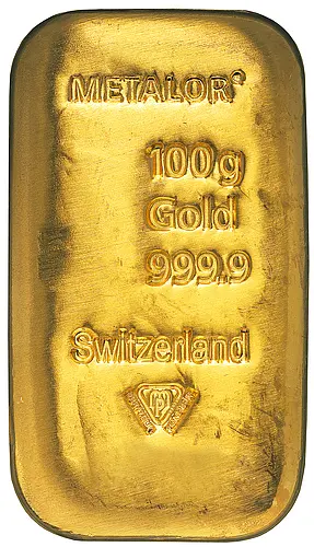 100g Metalor Gold Cast Bar Obverse